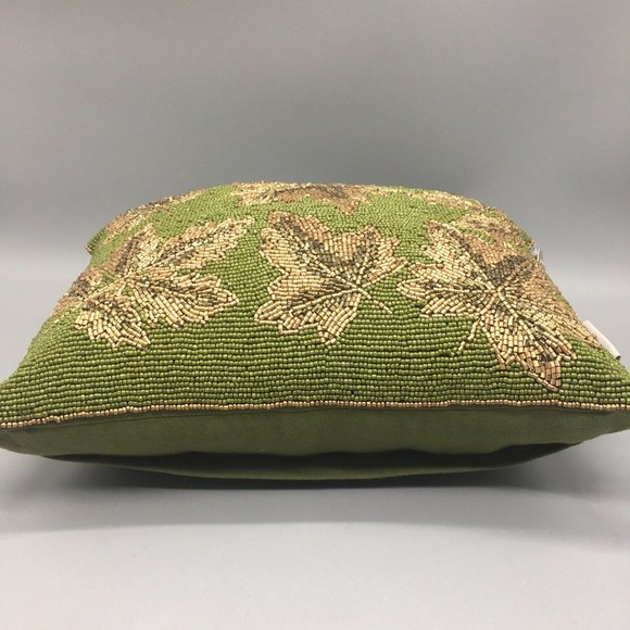 Autumn Hill Beaded Green Gold Fall Maple Leaf Lumbar Pillow Fall Decor 12x16 - Picture 6 of 8